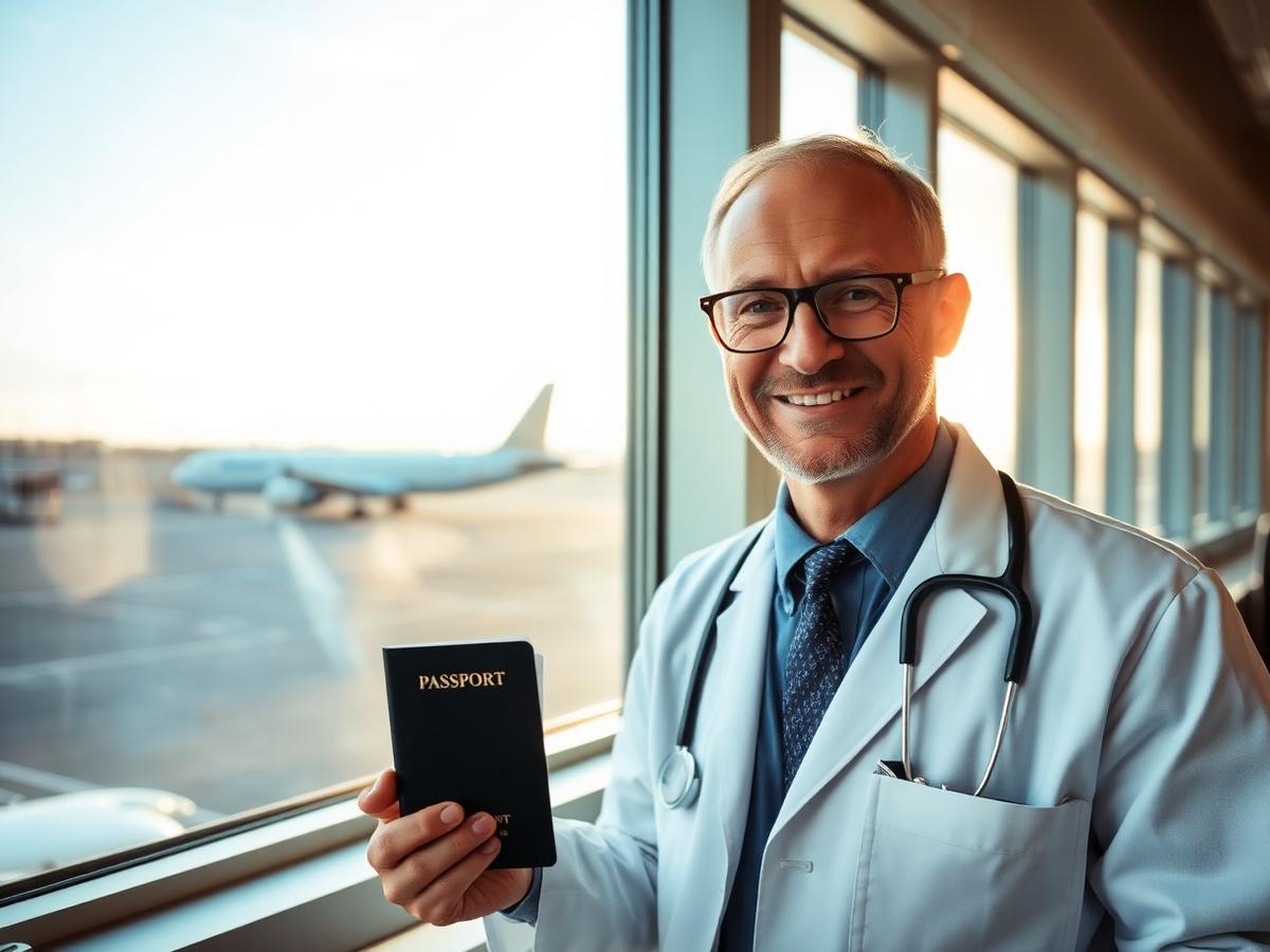 Healthcare professional at the airport with passport